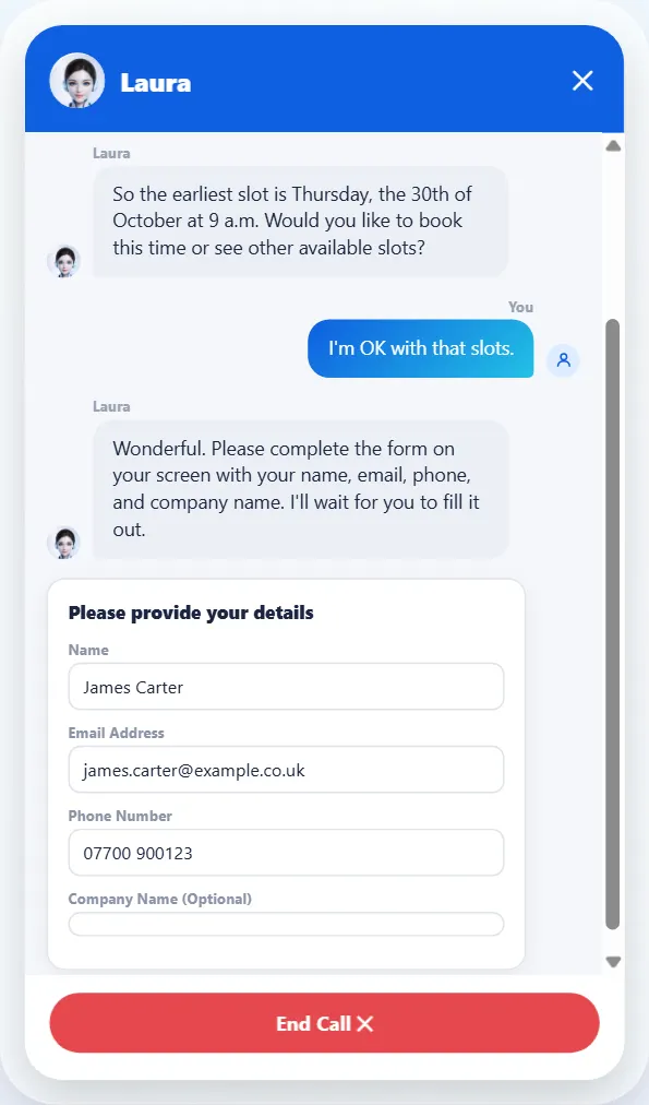 AutoBook voice assistant chatting with a client to book a discovery call