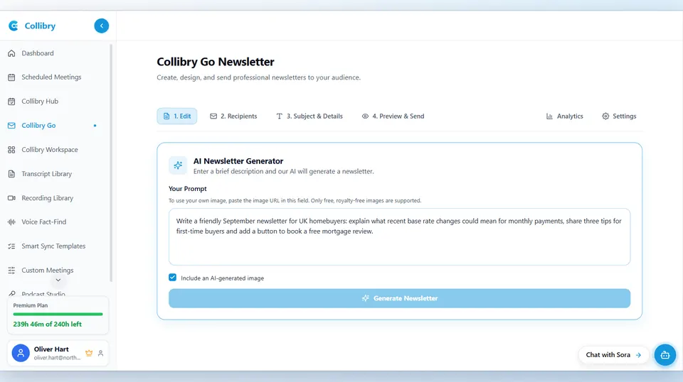 Collibry Go newsletter generator drafting a client mortgage update