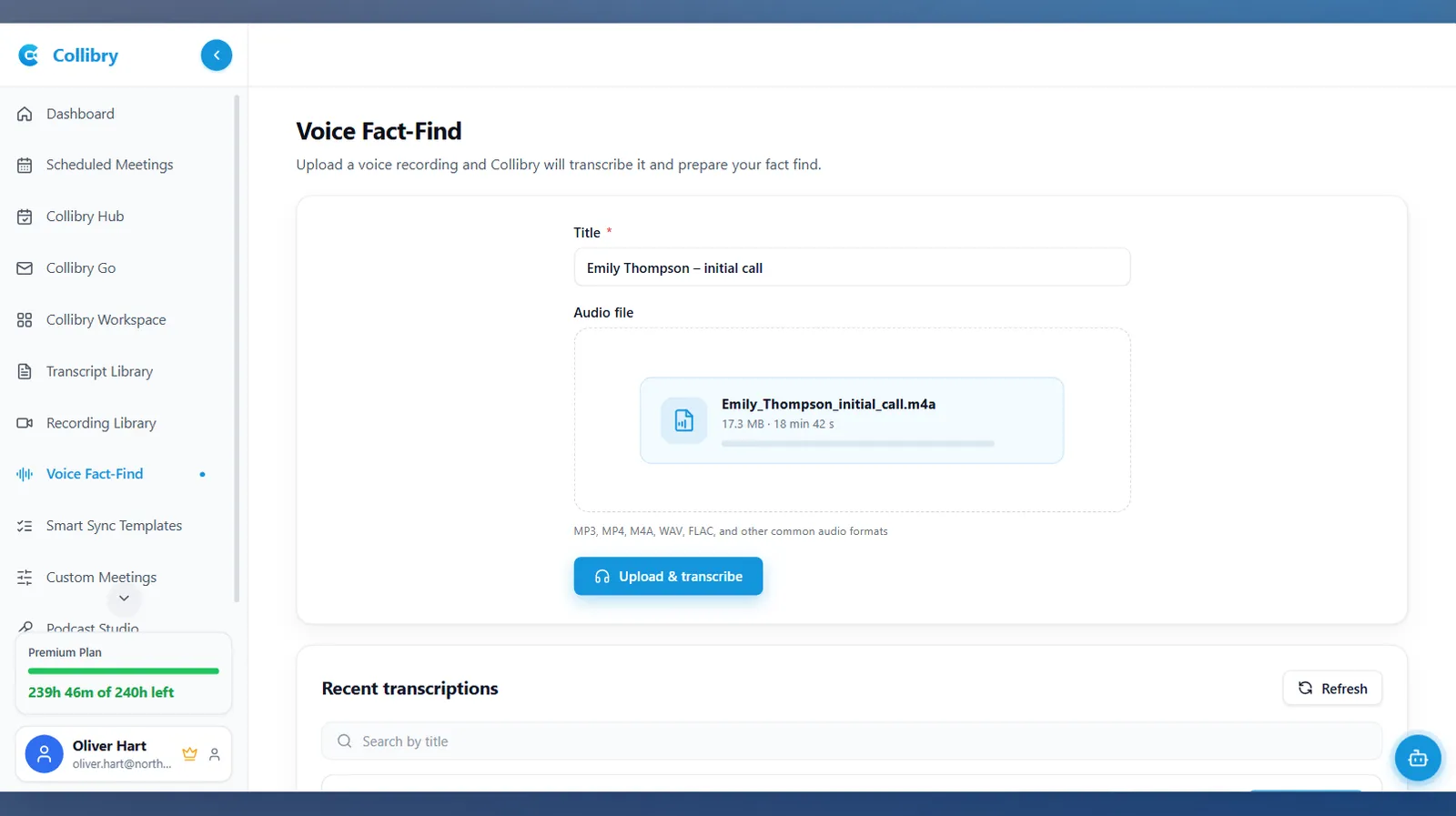 Collibry Voice to FactFind screen for uploading a recorded client call