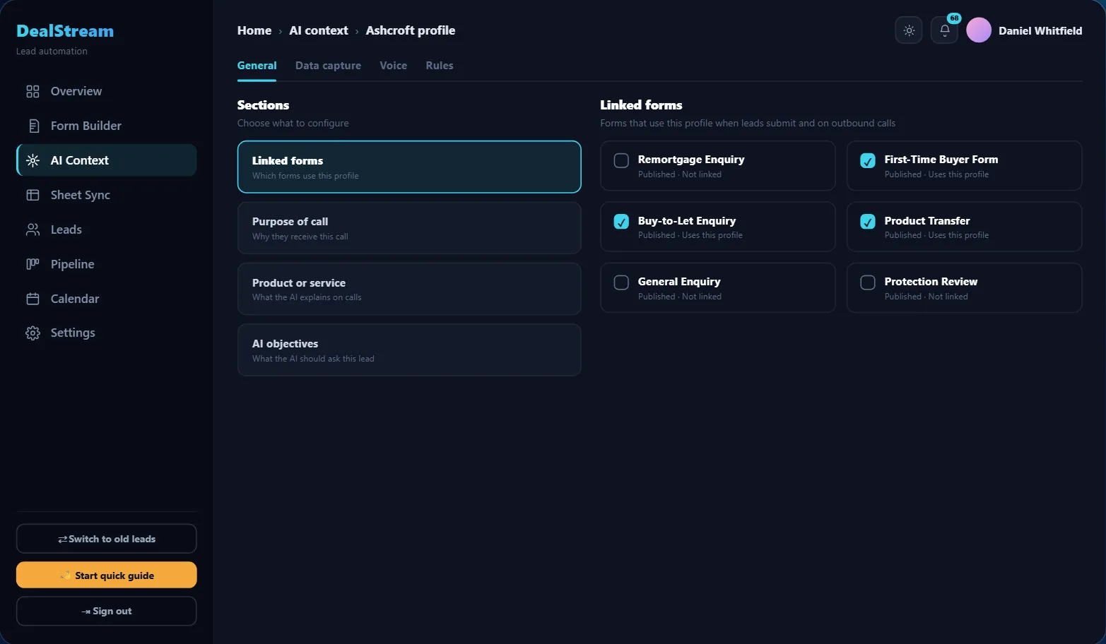 DealStream AI context settings that shape how the assistant calls new leads