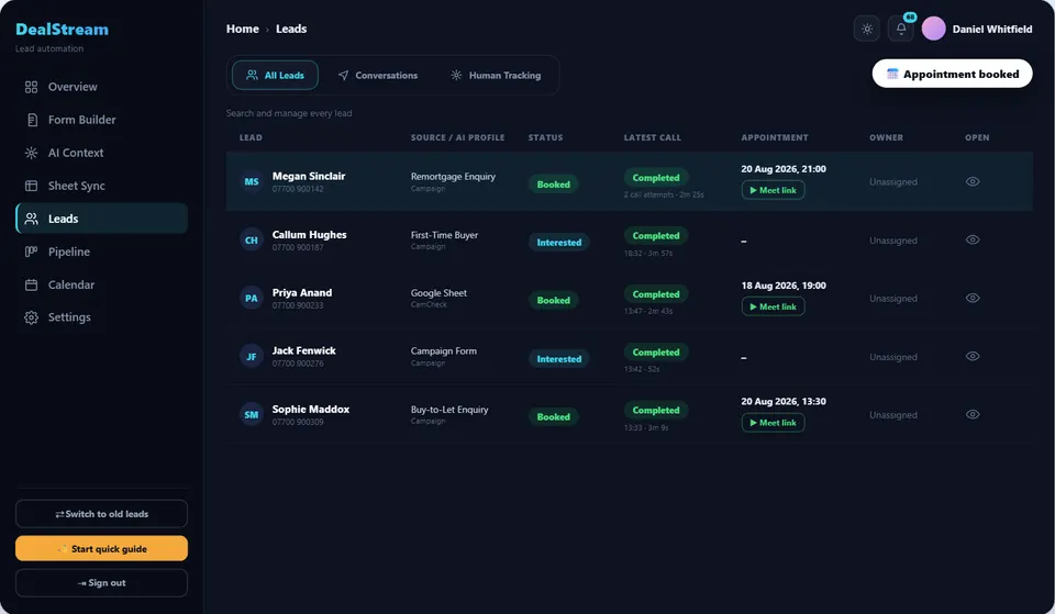 DealStream leads list with AI calls completed and appointments booked