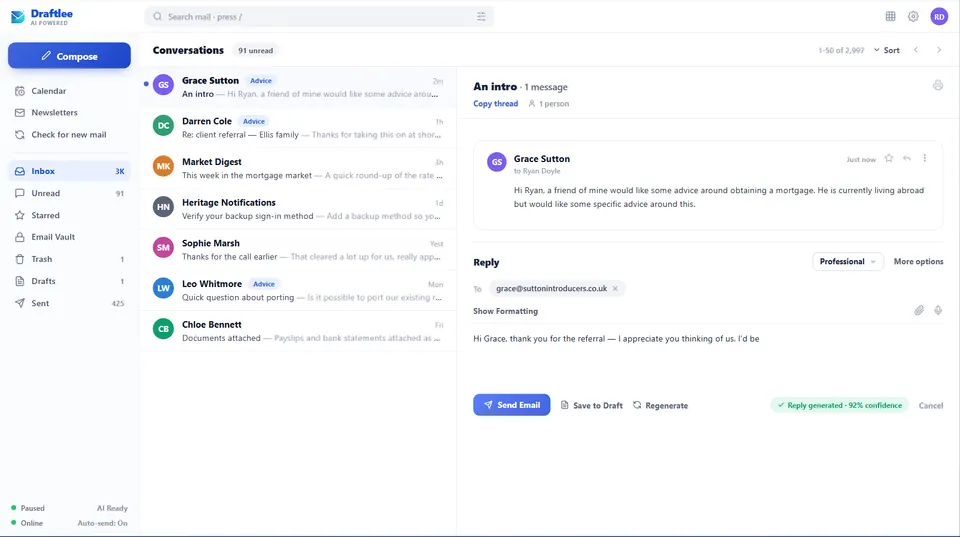 Draftlee inbox with AI-drafted replies ready for client emails