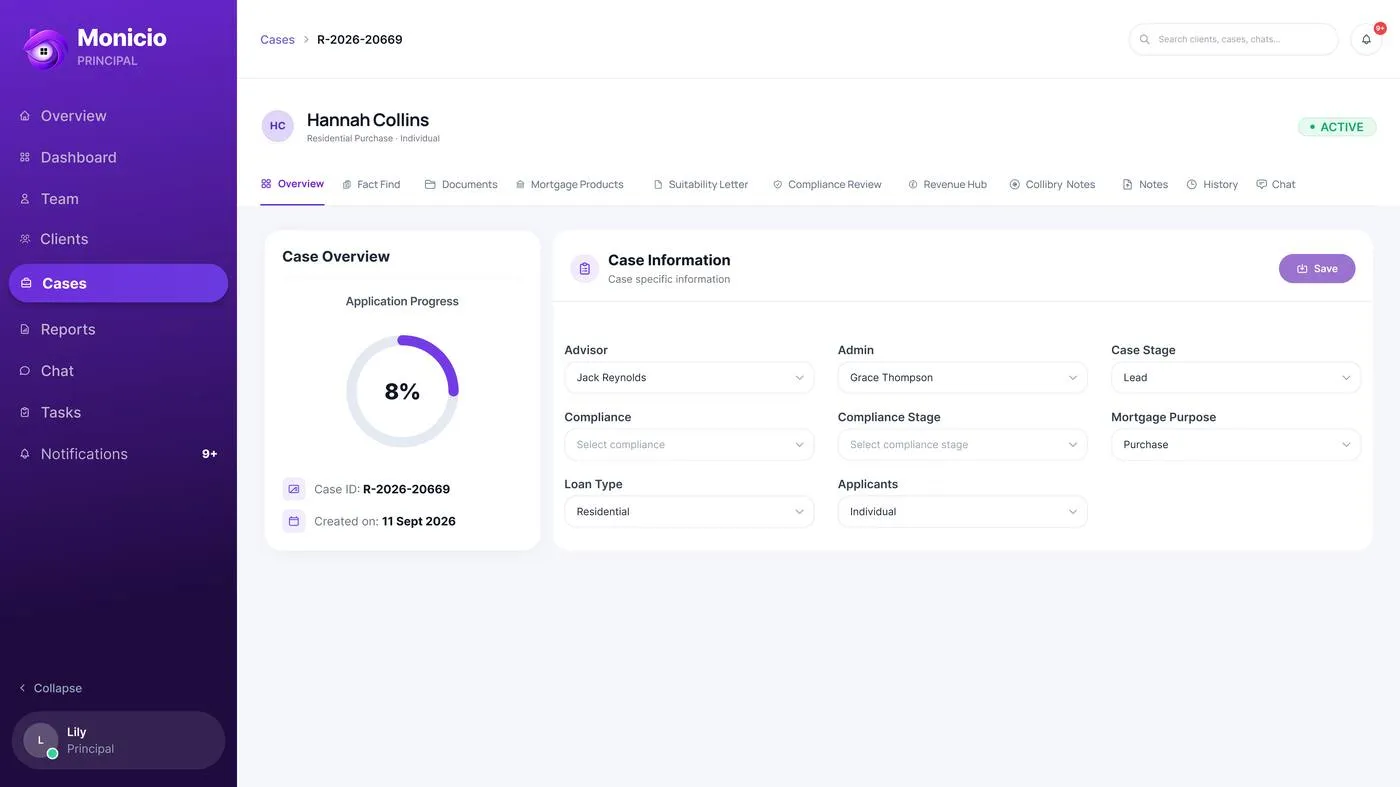 Monicio case snapshot with application progress, compliance and admin details