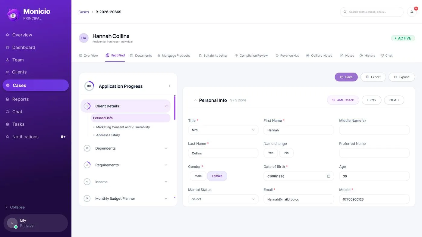 Monicio fact find pre-filled automatically from an uploaded client document