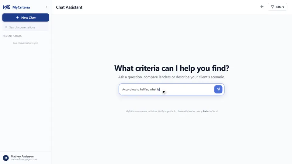 MyCriteria chat assistant answering a typed lender criteria question