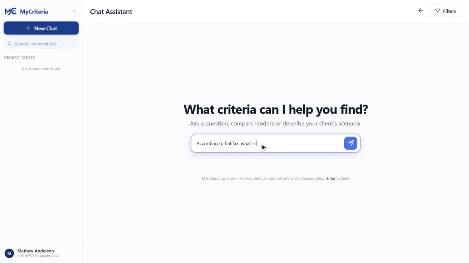 MyCriteria chat assistant answering a typed lender criteria question