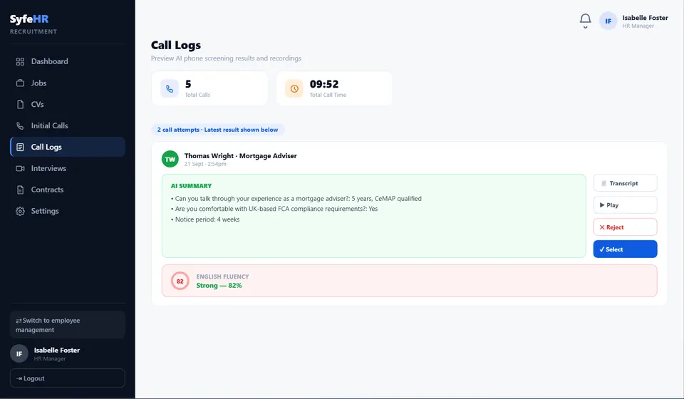 SyfeHR call log with an AI summary of a candidate screening call